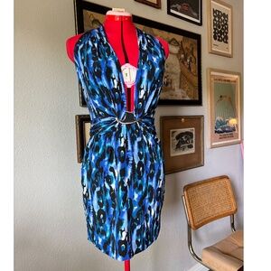 Y2K Vintage Bebe Silk Leopard Mini Halter Dress in Blue